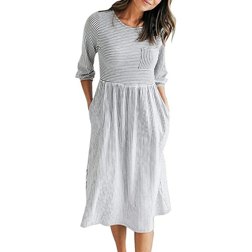 Black and White Striped T-Shirt Midi Dress with Pockets